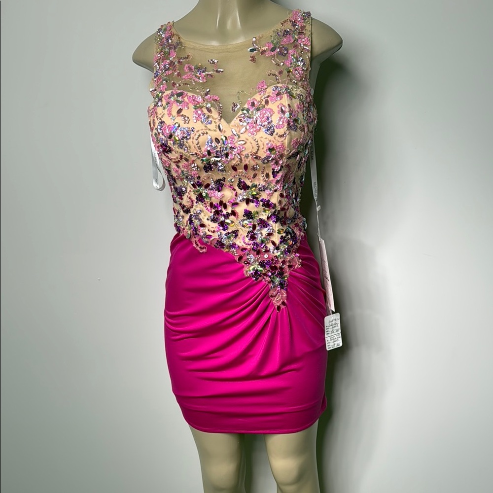 Rachel Allan Tan and Pink Embellished Bodycon Mini Dress